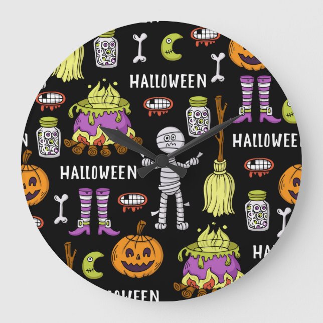 Halloween symbols, vintage seamless theme large clock (Front)