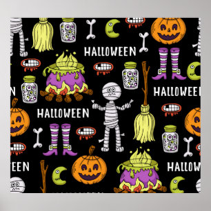 Halloween symbols, vintage seamless theme poster