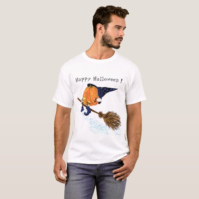 Halloween T-Shirt Witch Pumpkin Flying Broom Funny (Front Full)