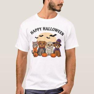 Halloween T-Shirt with Cute Cats and Dogs in Costu