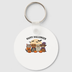Halloween T-Shirt with Cute Cats and Dogs in Costu Keychain