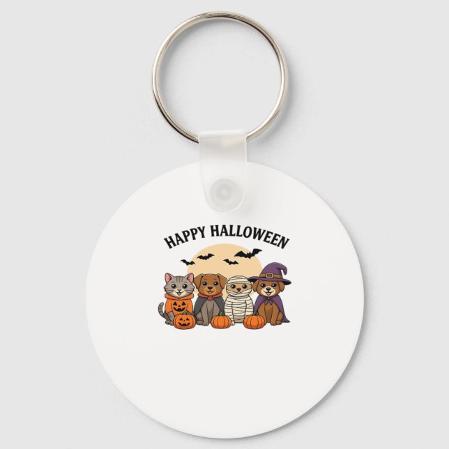 Halloween T-Shirt with Cute Cats and Dogs in Costu Keychain (Front)