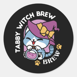 Halloween Tabby Cat – Witch Hat & Potion Art Classic Round Sticker