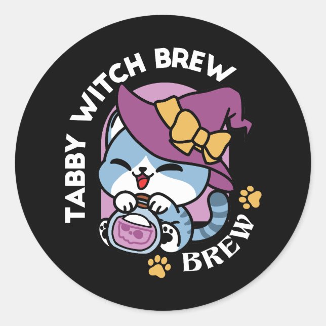 Halloween Tabby Cat – Witch Hat & Potion Art Classic Round Sticker (Front)