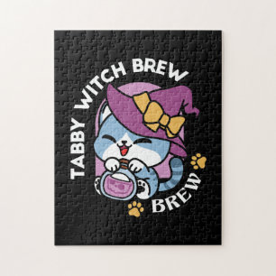 Halloween Tabby Cat – Witch Hat & Potion Art Jigsaw Puzzle