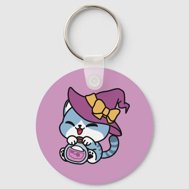 Halloween Tabby Cat – Witch Hat & Potion Art Keychain (Front)