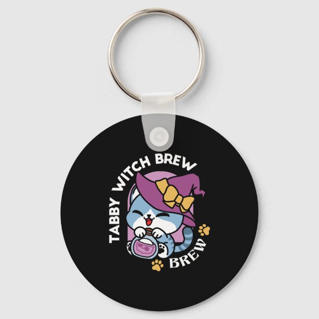 Halloween Tabby Cat – Witch Hat & Potion Art Keychain (Front)