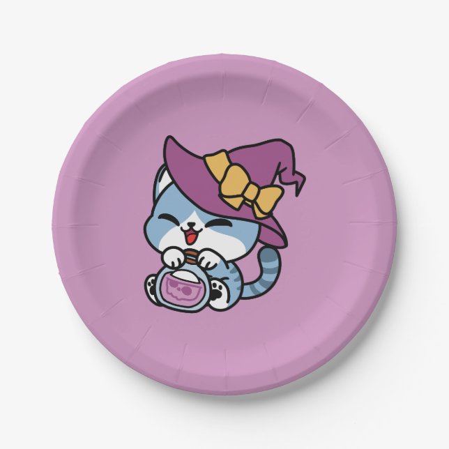 Halloween Tabby Cat – Witch Hat & Potion Art Paper Plate (Front)