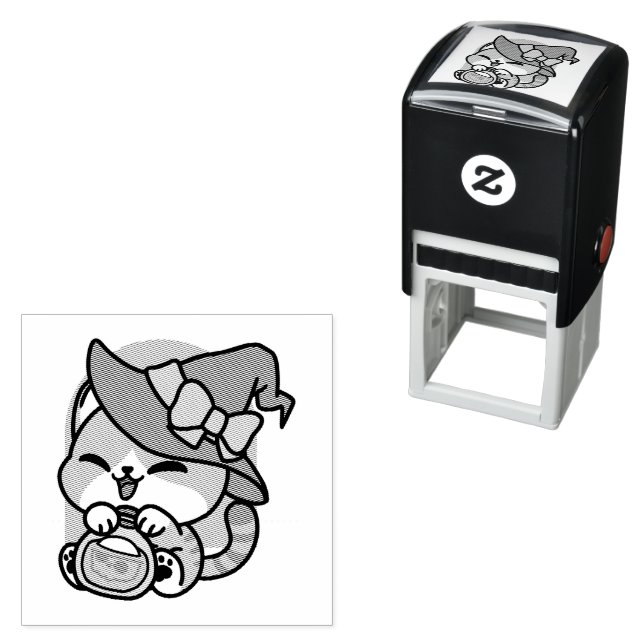 Halloween Tabby Cat – Witch Hat & Potion Art Self-inking Stamp (In Situ)