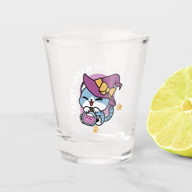 Halloween Tabby Cat – Witch Hat & Potion Art Shot Glass (Front)