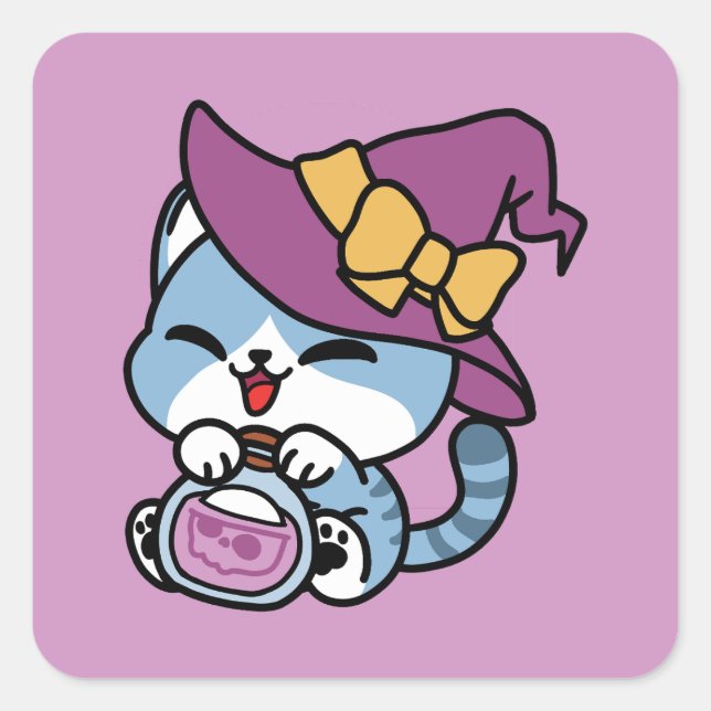 Halloween Tabby Cat – Witch Hat & Potion Art Square Sticker (Front)