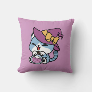 Halloween Tabby Cat – Witch Hat & Potion Art Throw Pillow
