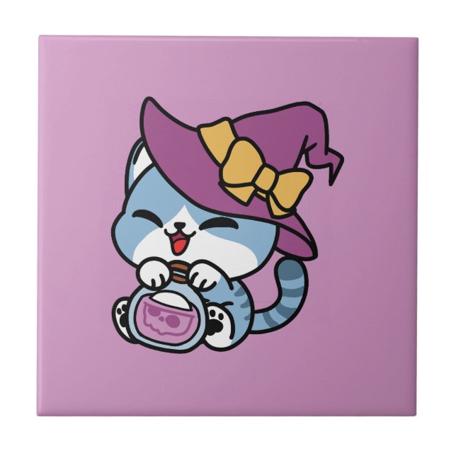 Halloween Tabby Cat – Witch Hat & Potion Art Tile (Front)