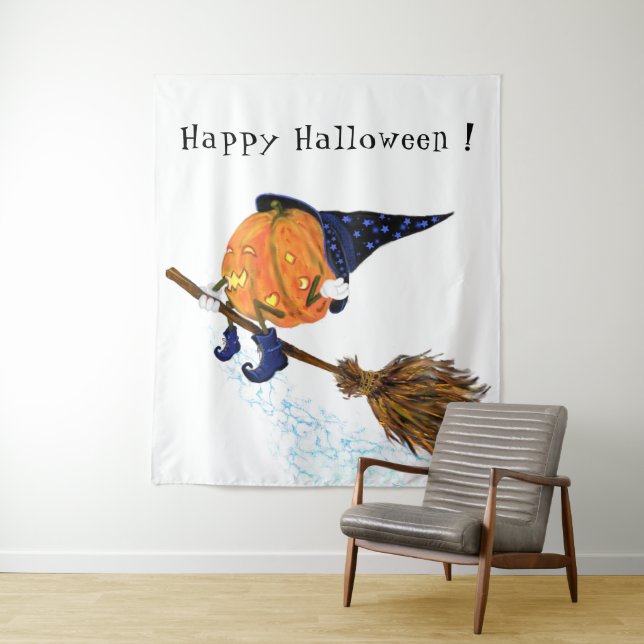 Halloween Tapestry Witch Pumpkin Flying Broom (In Situ)