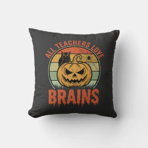 Halloween Teacher Brains Vintage Pumpkin Owl Throw Pillow