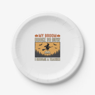 Halloween Teacher Broom Broke Vintage Design_1 Paper Plate
