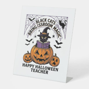 Halloween Teacher Cat Vintage Pumpkin Classroom Ma Pedestal Sign