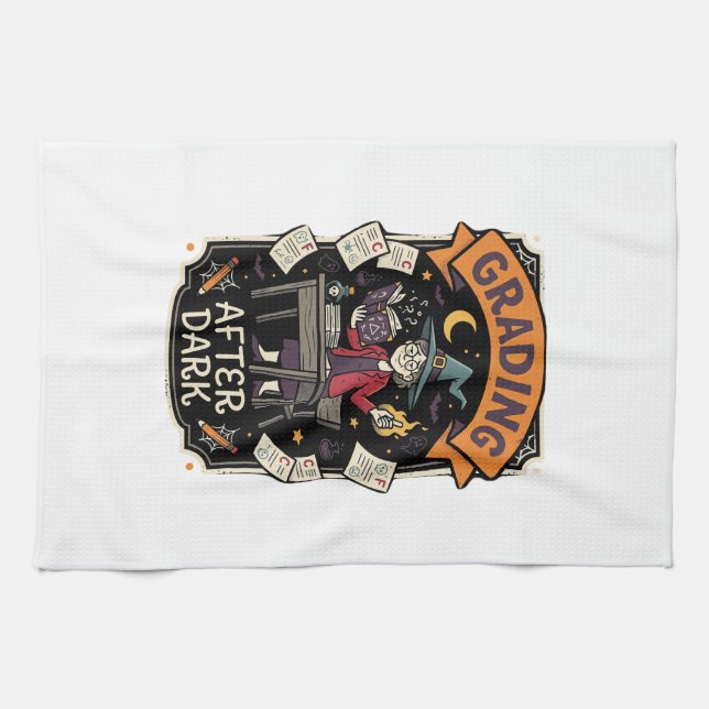 Halloween Teacher Grading After Dark Kitchen Towel (Horizontal)
