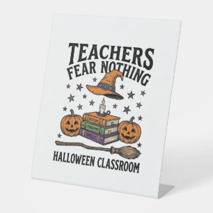 Halloween Teacher Shirt With Witchy Books_1 Pedestal Sign