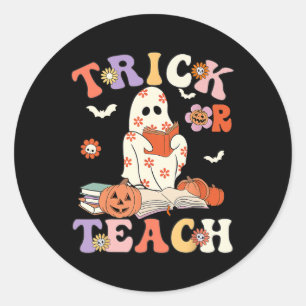 Halloween Teacher Trick Or Teach Groovy Floral Gho Classic Round Sticker