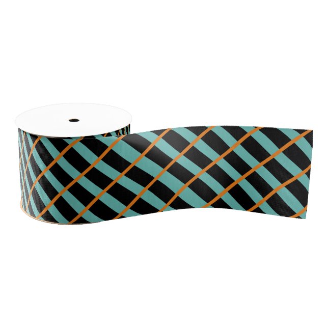 Halloween Teal, Orange & Black Plaid Grosgrain Ribbon (Spool)
