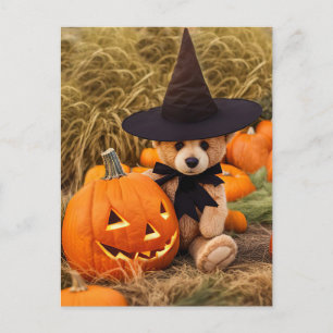 Halloween Teddy Bear Jack o Lantern Holiday Postcard
