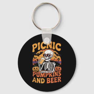 Halloween Tee Skeleton Picnic Pumpkins And Beer Re Keychain