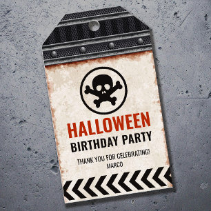 Halloween Thank you label, metallic grid and skull Gift Tags