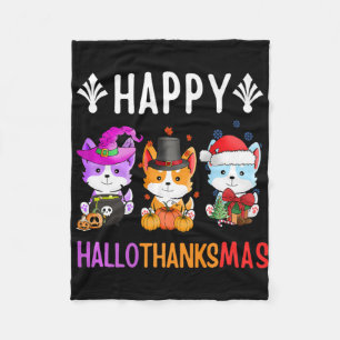 Halloween Thanksgiving Christmas Cats Happy Hallot Fleece Blanket