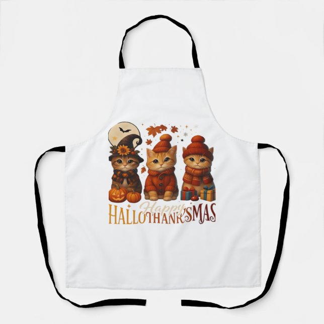 Halloween Thanksgiving Christmas Happy HalloThanks Apron (Front)
