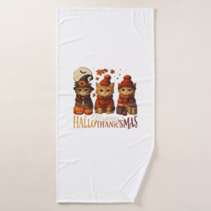 Halloween Thanksgiving Christmas Happy HalloThanks Bath Towel