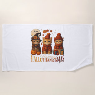Halloween Thanksgiving Christmas Happy HalloThanks Beach Towel