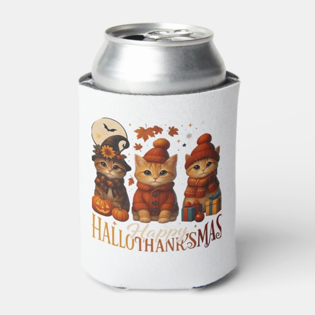 Halloween Thanksgiving Christmas Happy HalloThanks Can Cooler (Can Front)