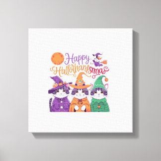 Halloween Thanksgiving Christmas Happy HalloThanks Canvas Print