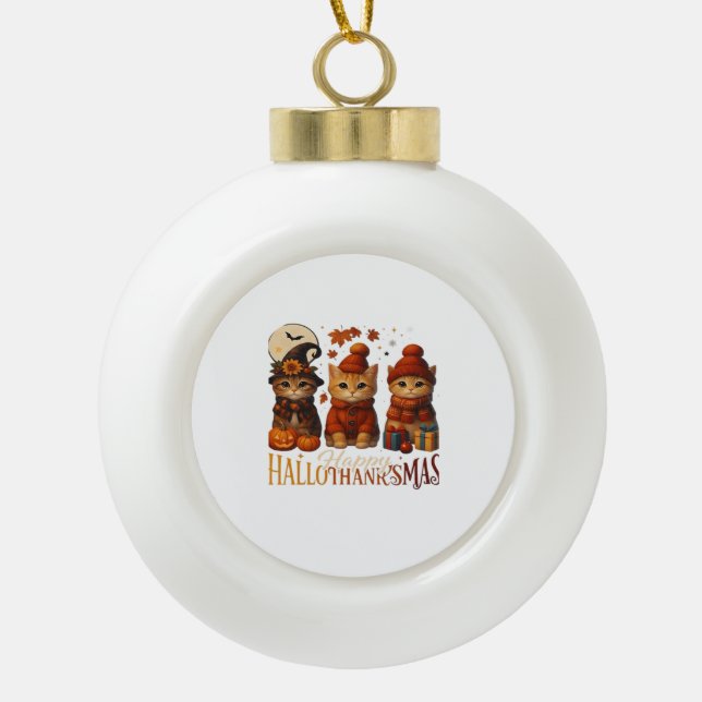 Halloween Thanksgiving Christmas Happy HalloThanks Ceramic Ball Christmas Ornament (Front)