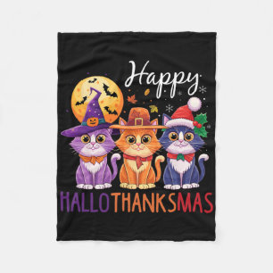 Halloween Thanksgiving Christmas Happy Hallothanks Fleece Blanket