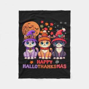 Halloween Thanksgiving Christmas Happy Hallothanks Fleece Blanket