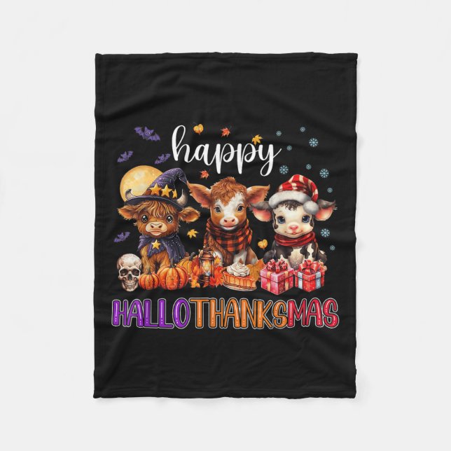 Halloween Thanksgiving Christmas Happy Hallothanks Fleece Blanket (Front)