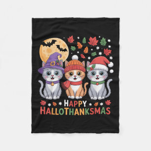 Halloween Thanksgiving Christmas Happy Hallothanks Fleece Blanket