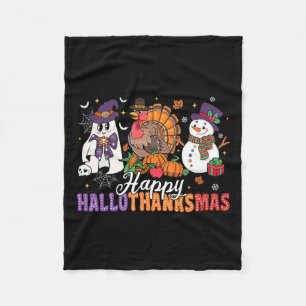 Halloween Thanksgiving Christmas Happy Hallothanks Fleece Blanket