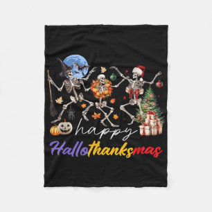 Halloween Thanksgiving Christmas Happy Hallothanks Fleece Blanket