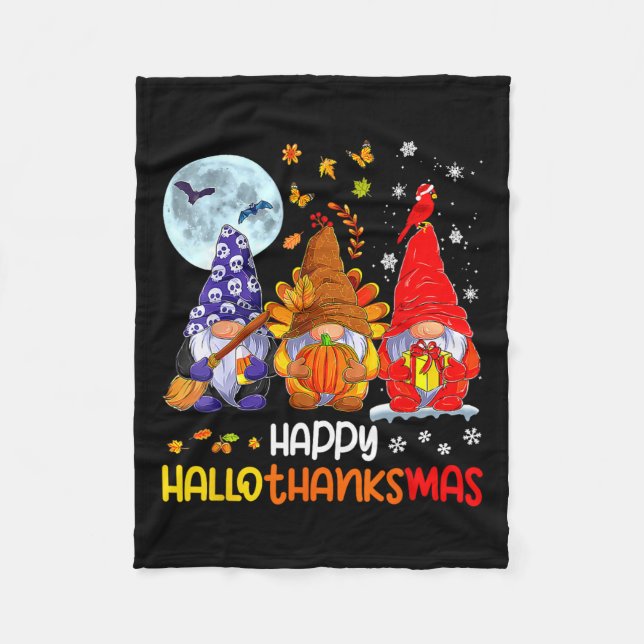 Halloween Thanksgiving Christmas Happy Hallothanks Fleece Blanket (Front)