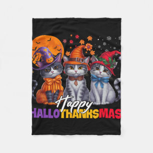 Halloween Thanksgiving Christmas Happy Hallothanks Fleece Blanket