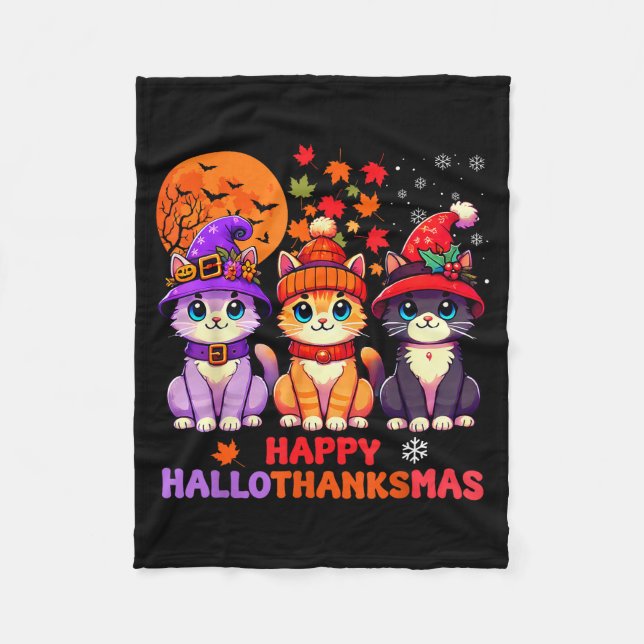 Halloween Thanksgiving Christmas Happy Hallothanks Fleece Blanket (Front)