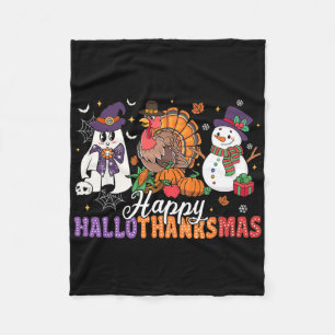 Halloween Thanksgiving Christmas Happy Hallothanks Fleece Blanket