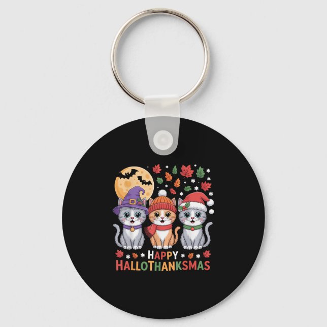 Halloween Thanksgiving Christmas Happy Hallothanks Keychain (Front)