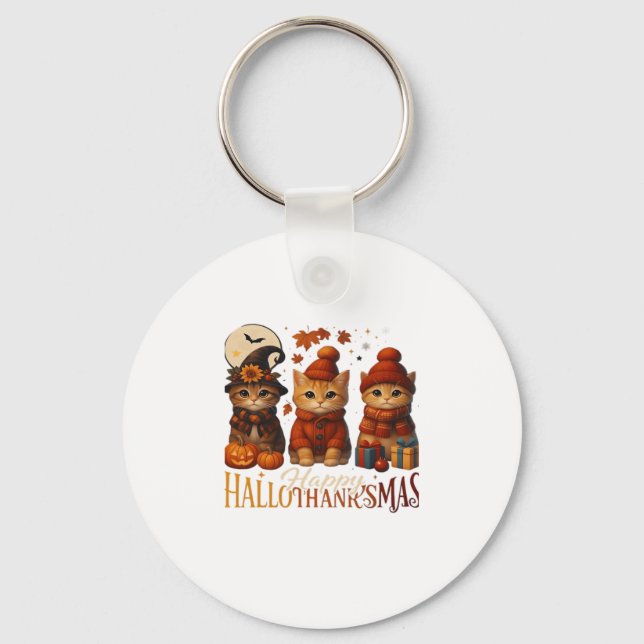 Halloween Thanksgiving Christmas Happy HalloThanks Keychain (Front)