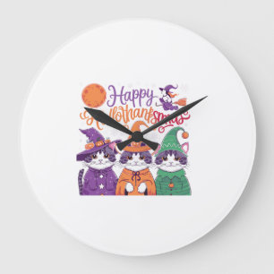 Halloween Thanksgiving Christmas Happy HalloThanks Large Clock