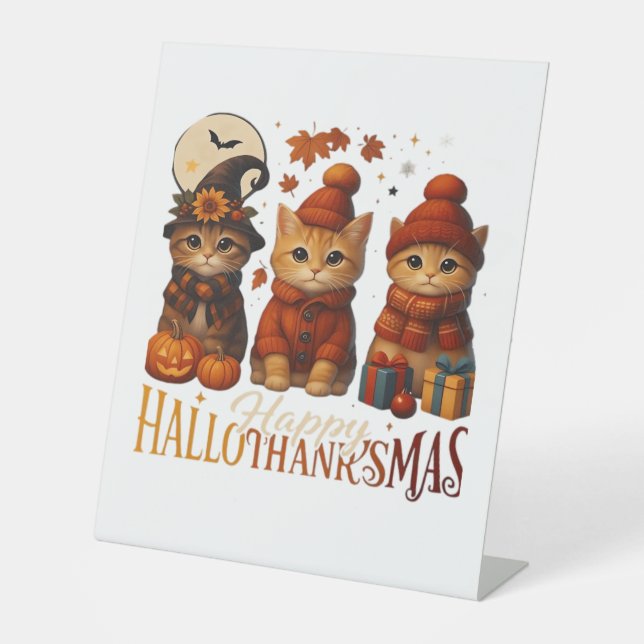 Halloween Thanksgiving Christmas Happy HalloThanks Pedestal Sign (Front)