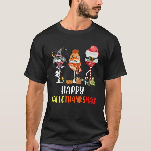 Halloween Thanksgiving Christmas Happy Hallothanks T-Shirt (Front)